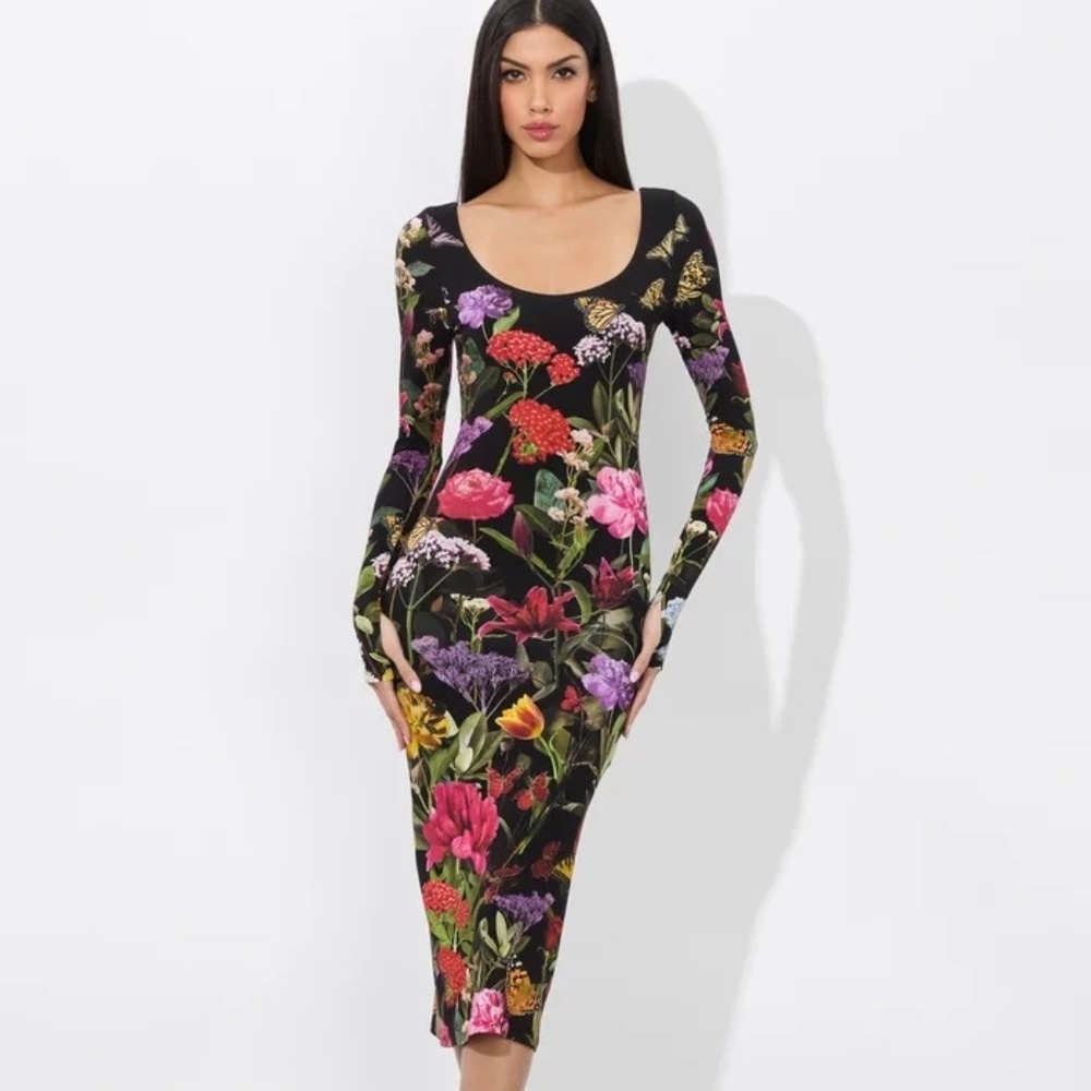 $395 Unworn Alice + Olivia Delora Floral Long Sleeve Body-Con Dress